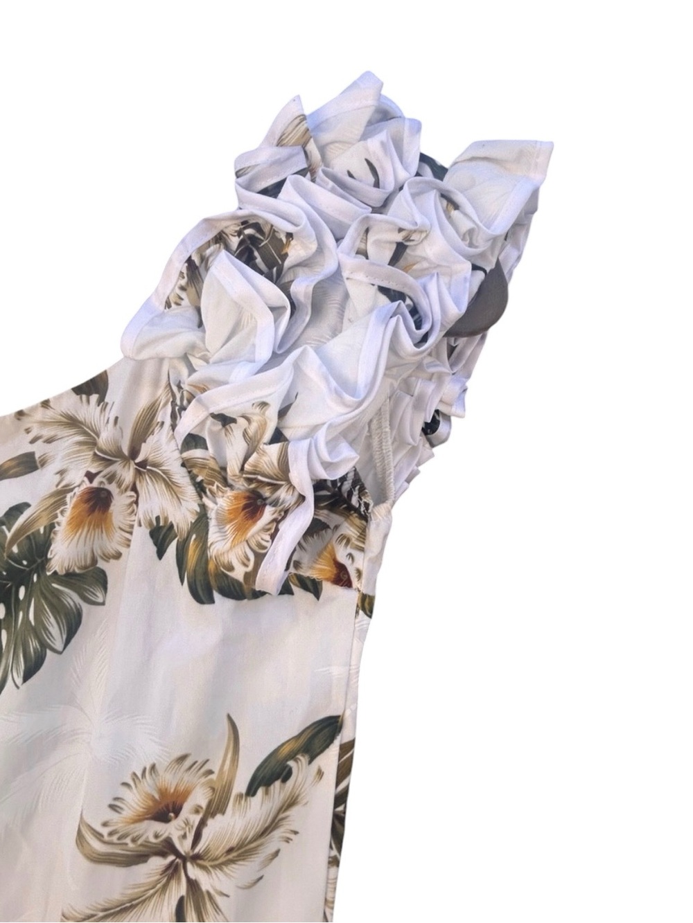 Vintage MAHALO Hawaiian Muumuu Dress White Tropical Floral Ruffle Mermaid Small - Picture 11 of 14
